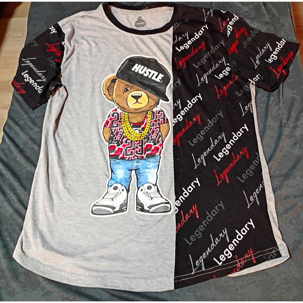 Bailey Men's Hip Hop Hustle Bear Graphic T-Shirt Crew Neck Gray Black L
